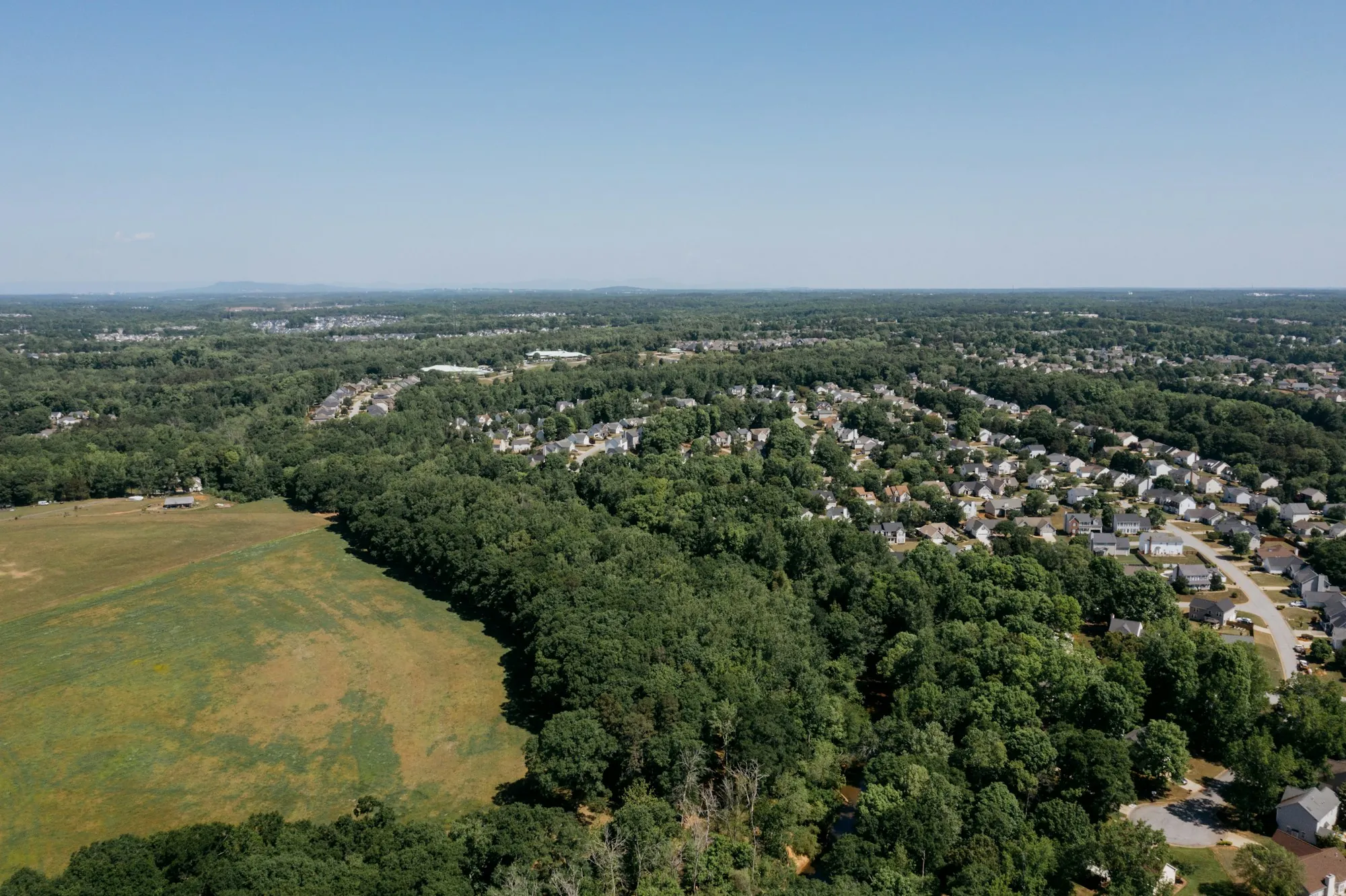 Aerial view of a neighborhood surrounded by dense woods